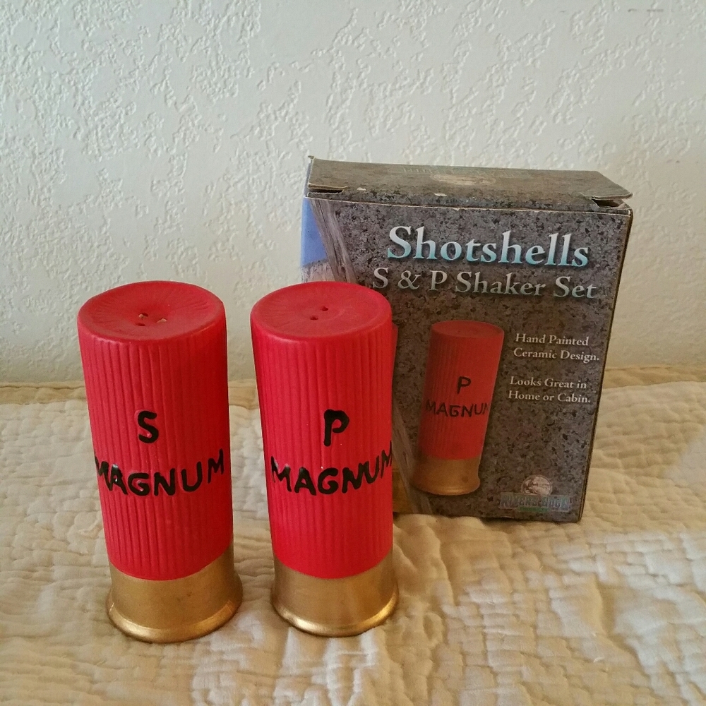 Ceramic salt & pepper shakers, red "Shotshells"